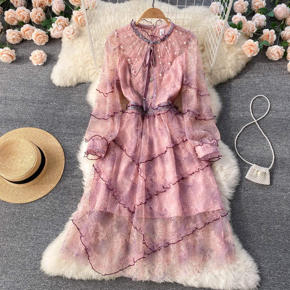 Floral French Style Long Dress Summer Women Zipper Beading Long Sleeves Embroidery Ladies A Line Slim