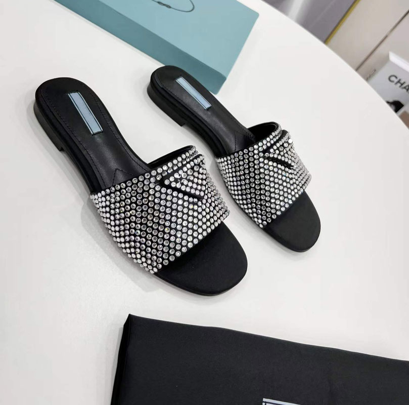 High end women's slippers flat heels summer 2022 leather sandals Rhinestone women's shoes, Chocolate