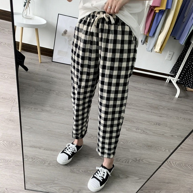 Spring Summer Plaid Pant's Harem s Drawstring Waist Large Size Casual Loose Cotton Linen Trouser 220325
