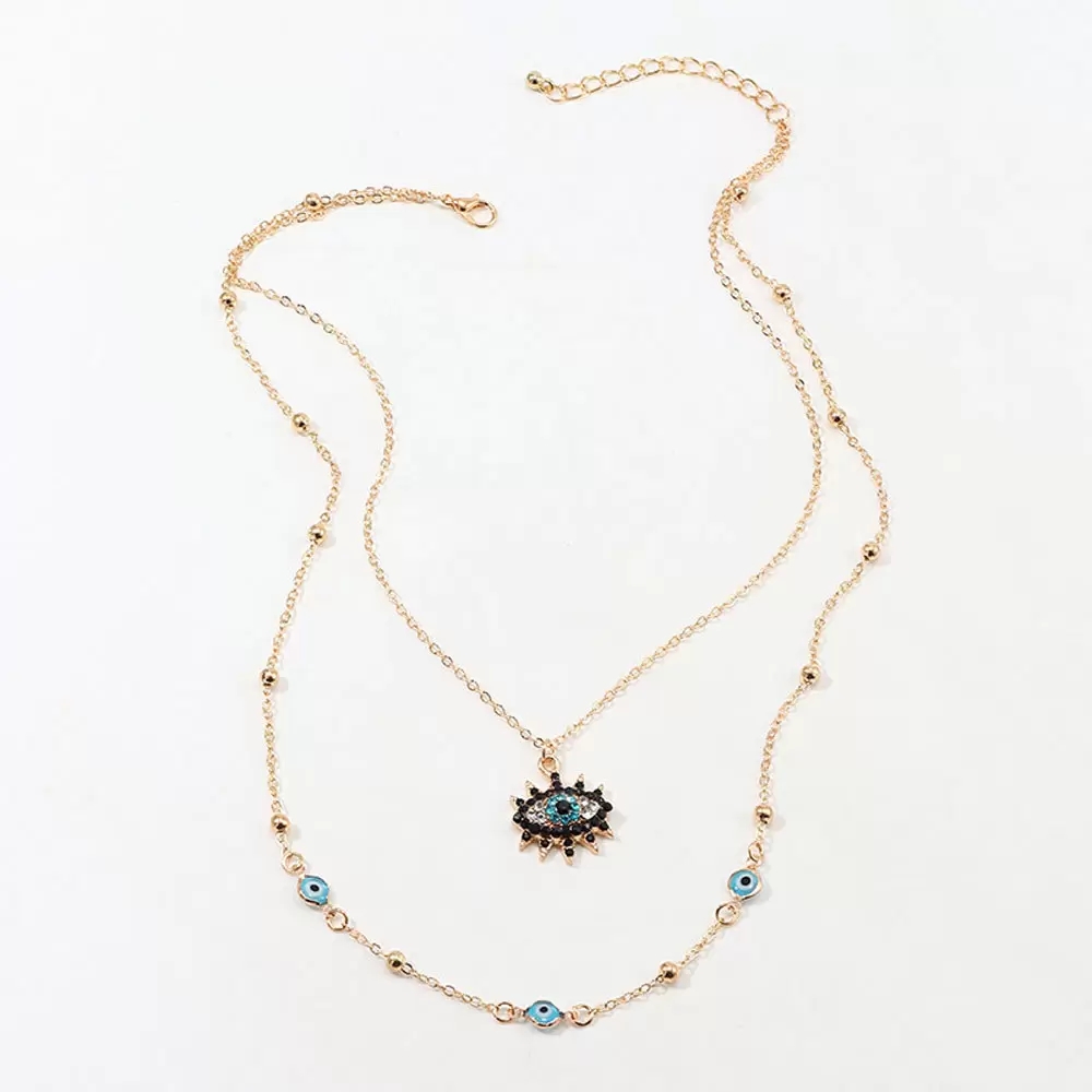Vintage Boho Style Austrian Crystal Blue Evil Eye Pendent Necklace for Women 18K Gold Plated Double Layer Chain Good Luck Charm Necklaces Jewelry Gift
