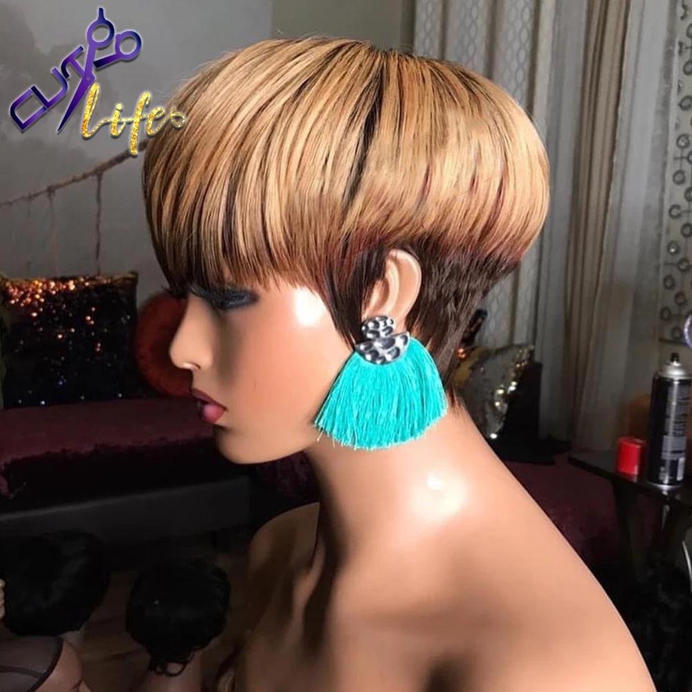 Short Pixie Straight Bob T1B/33/27 Human Hair Wig Ombre Brown No Lace Wigs With Bangs Brazilian Remy Hair For Black Women