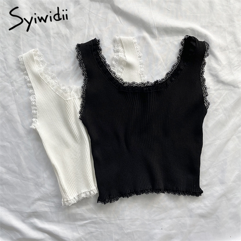 Syiwidii Lace Black Tank Tops for Women Clothes Crop Top T Shirt Cute Sexy White Bustier Short Solid Spandex Stretch Knitted 220316