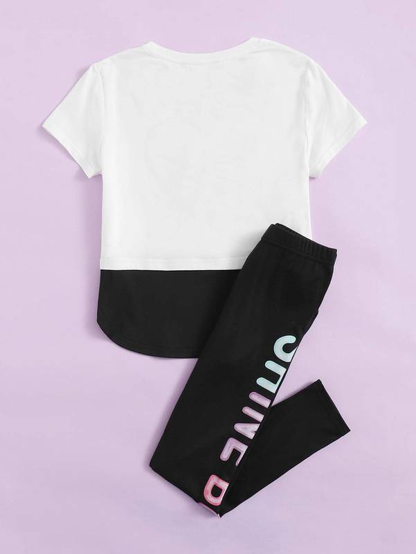 Girls Heart Print Tee & Letter Graphic Leggings Set SHE