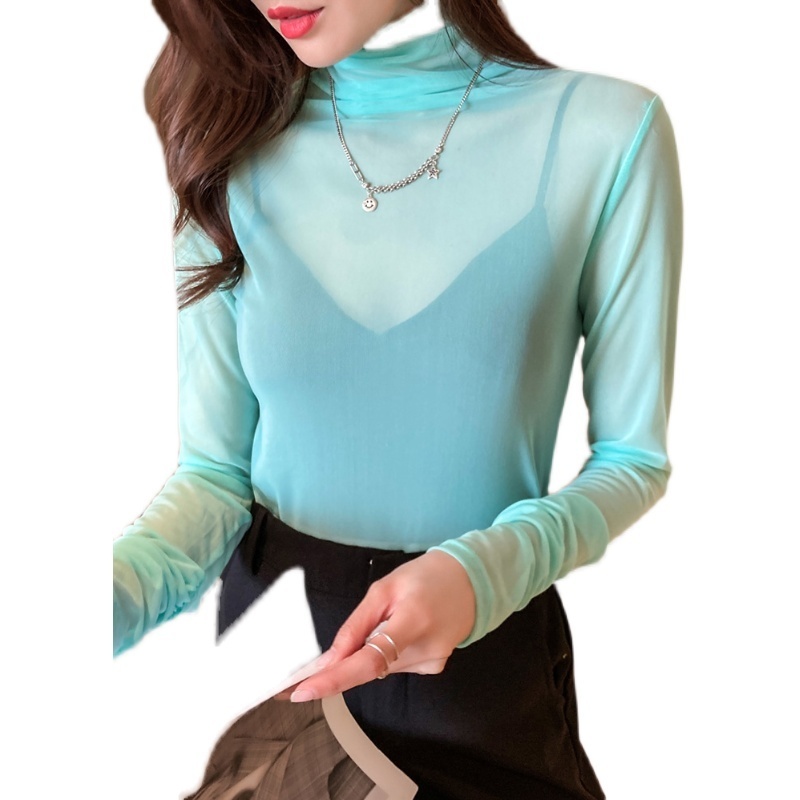 Size M 3XL Girls Colorful Mesh T Shirts Tees Female Transparent Long Sleeve Turtleneck Thin Tshirt Top Spring Fall 220714