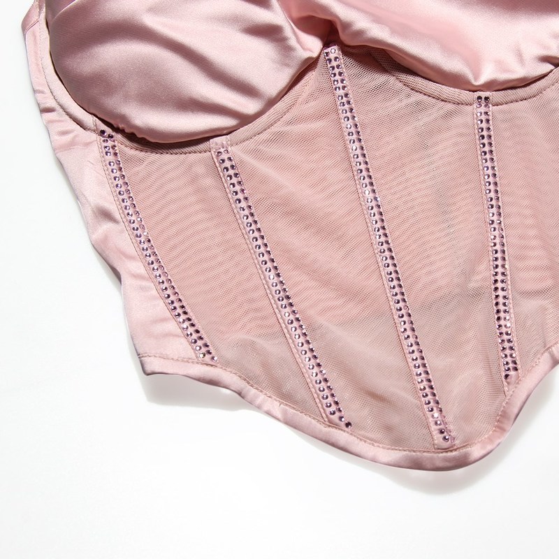 Karlofe Night Club Party Clothes For Women Underwire Padded Bustier Vest Camis Diamonds Satin Mesh Corset Sexy Crop Tops 220325