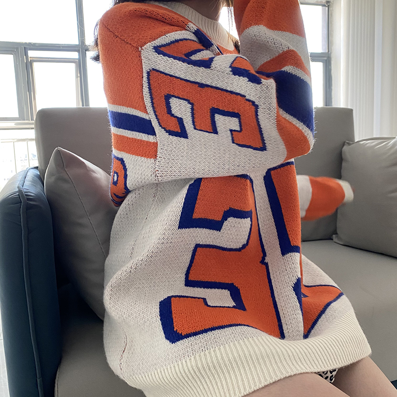 DAYIFUN Women Orange Sweaters Japanese Loose Outer Wear Hedging Thick Midlength Knit Pullovers Lady Letter Oversized Jumpers 220817