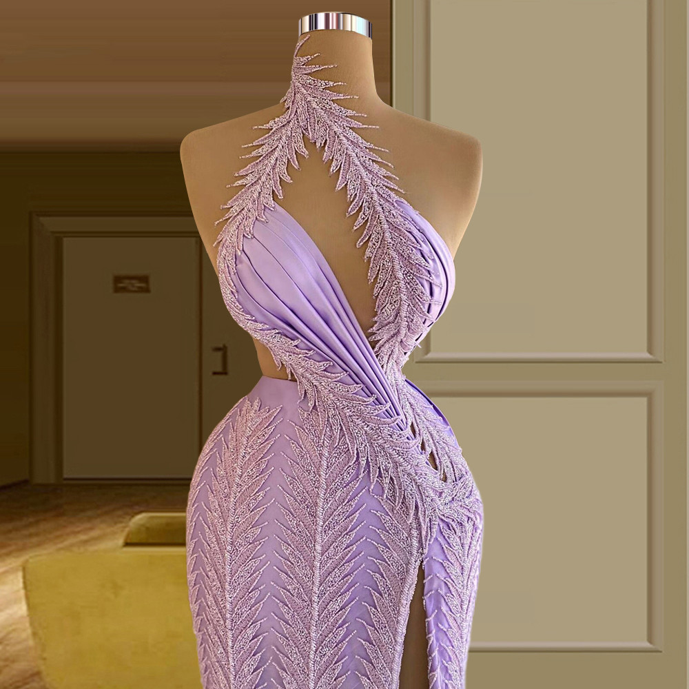 Luxurious Lavender Straight Evening Dresses Appliques Sleeveless Prom Dresses Side Split Floor Length Celebrity Women Formal Party Pageant Gowns