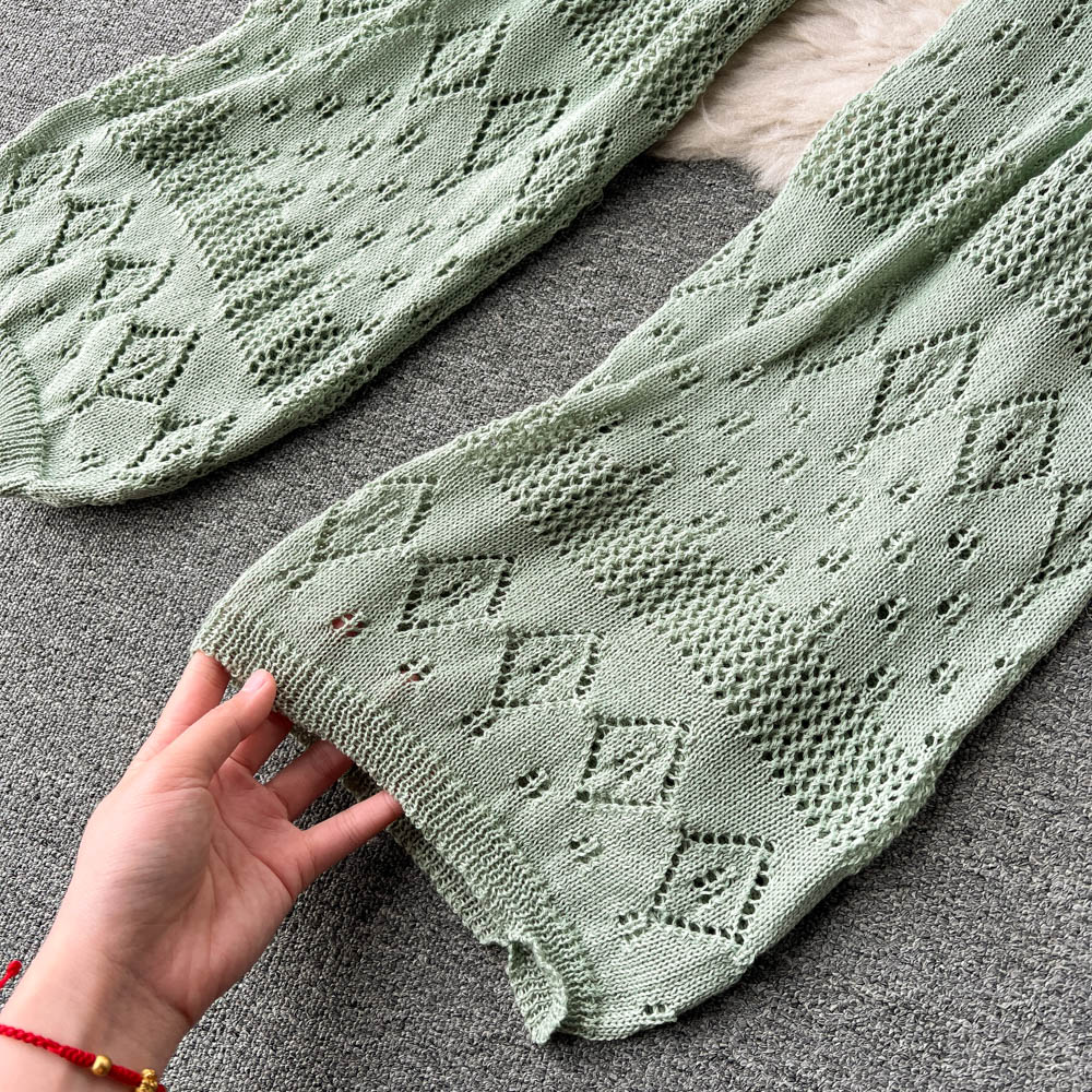 New Womens sexy beach halter neck knitted padded bustier bra and wide leg elastic waist long pants 2 pcs set