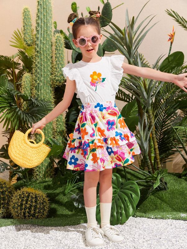Girls Ruffle Trim Floral Print Top & Layered Skirt SHE