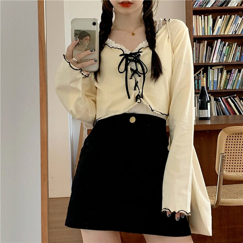 Women Long Sleeve T-shirts Lace-up Cardigan Patchwork Ruffles Trendy Sweet Lovely Crop Tops Sexy Females Coat Leisure Outwear 220328