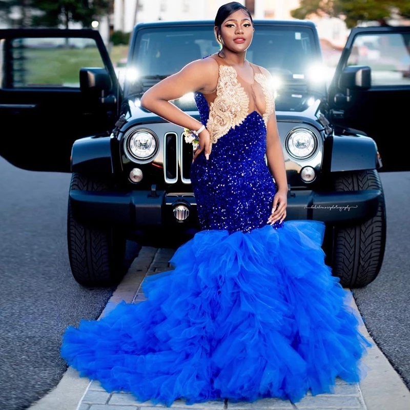 Royal Blue Mermaid Prom Dresses With Gold Lace Top Gillter Sequined Evening Gown Tiere Tulle Bottom Vestido De Robes 0431