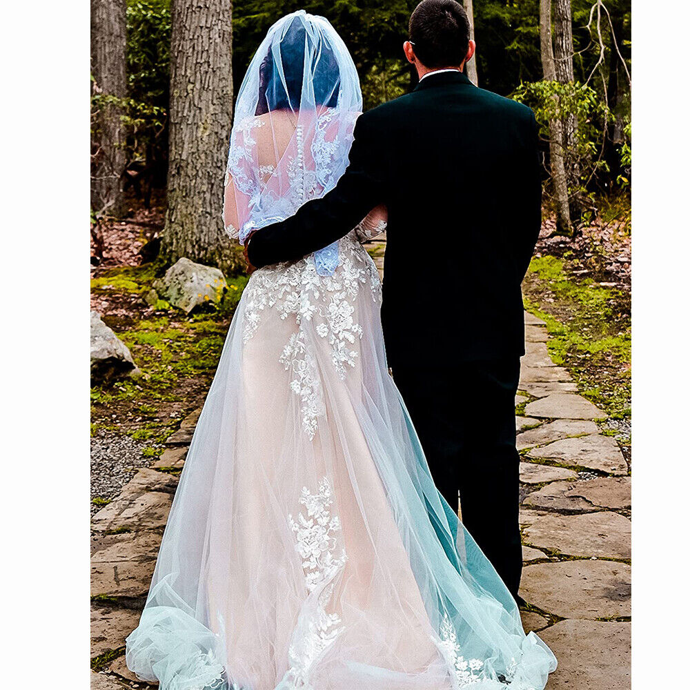 Romantic Long Sleeve Country A Line Wedding Dress Champagne Lining And Ivory Floral Lace Bridal Gowns Bohemian Fall Spring Long Train Bride Dresses