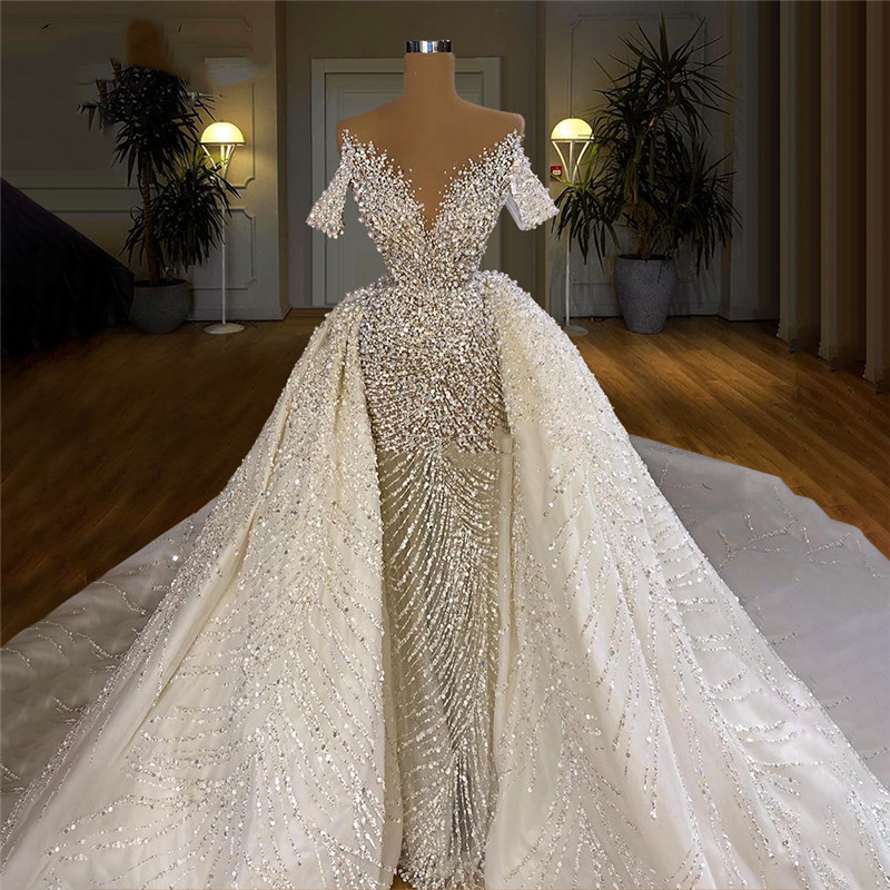 Elegant Mermaid Wedding Dress Off Shoulder Strapless Deep V Neck Appliques Lace Detachabel Train Illusion Custom Made Bridal Dresses Floor Length Robe