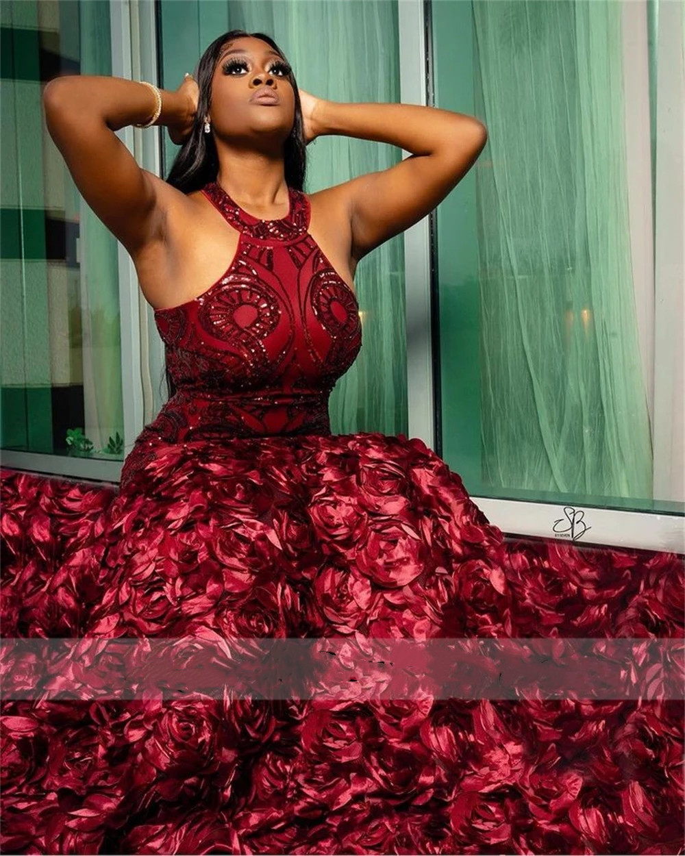 Sparkly Bury Mermaid Prom Dresses With 3D Wers For Black Girls Sequins Ruffles Plus Size Birthday Party Evening Dress Robe De Bal Custom Lz0304