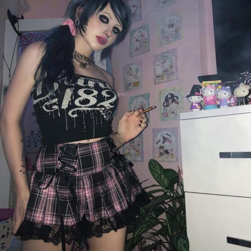 Y2K Women Stripe Black Pink Pleated Skirts Tank Vest Cute Sweet Girls School Plaid Lace Up Mini Goth Gloves 220317