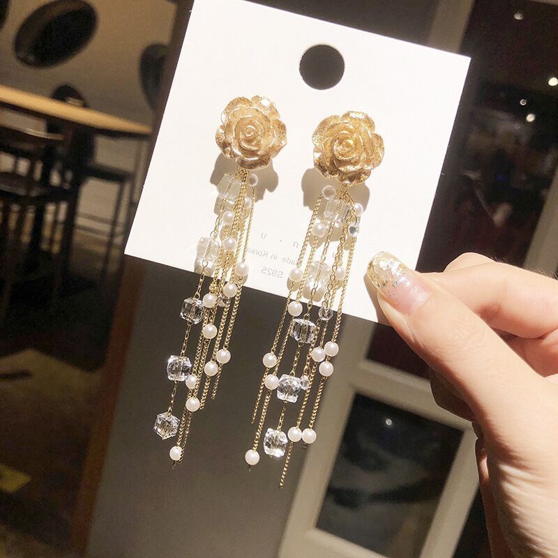 925 Silver Needle Long Pearl Tassel Earrings Small Fresh Crystal Rose Chain Earrings
925 Silver Needle Long Pearl Tassel Earrings Small Fresh Crystal Rose Chain Earrings