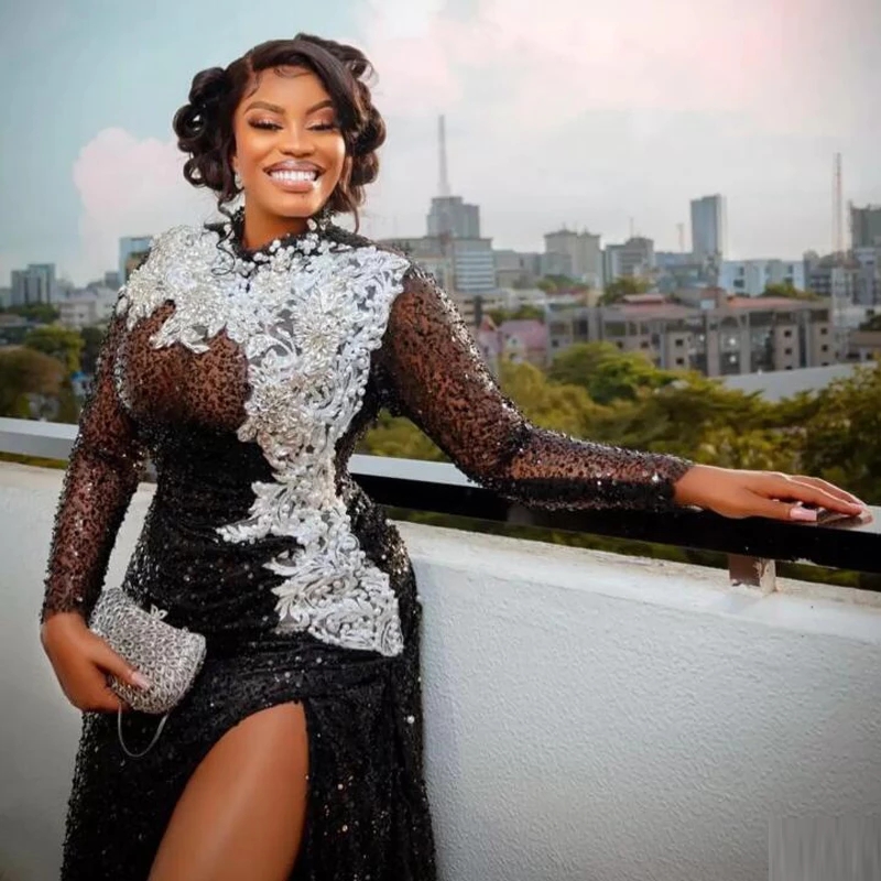 Sequined Mermaid Evening With Long Sleeves, Beads & Pearls, High Side Split - 2024 Prom Dress For Women