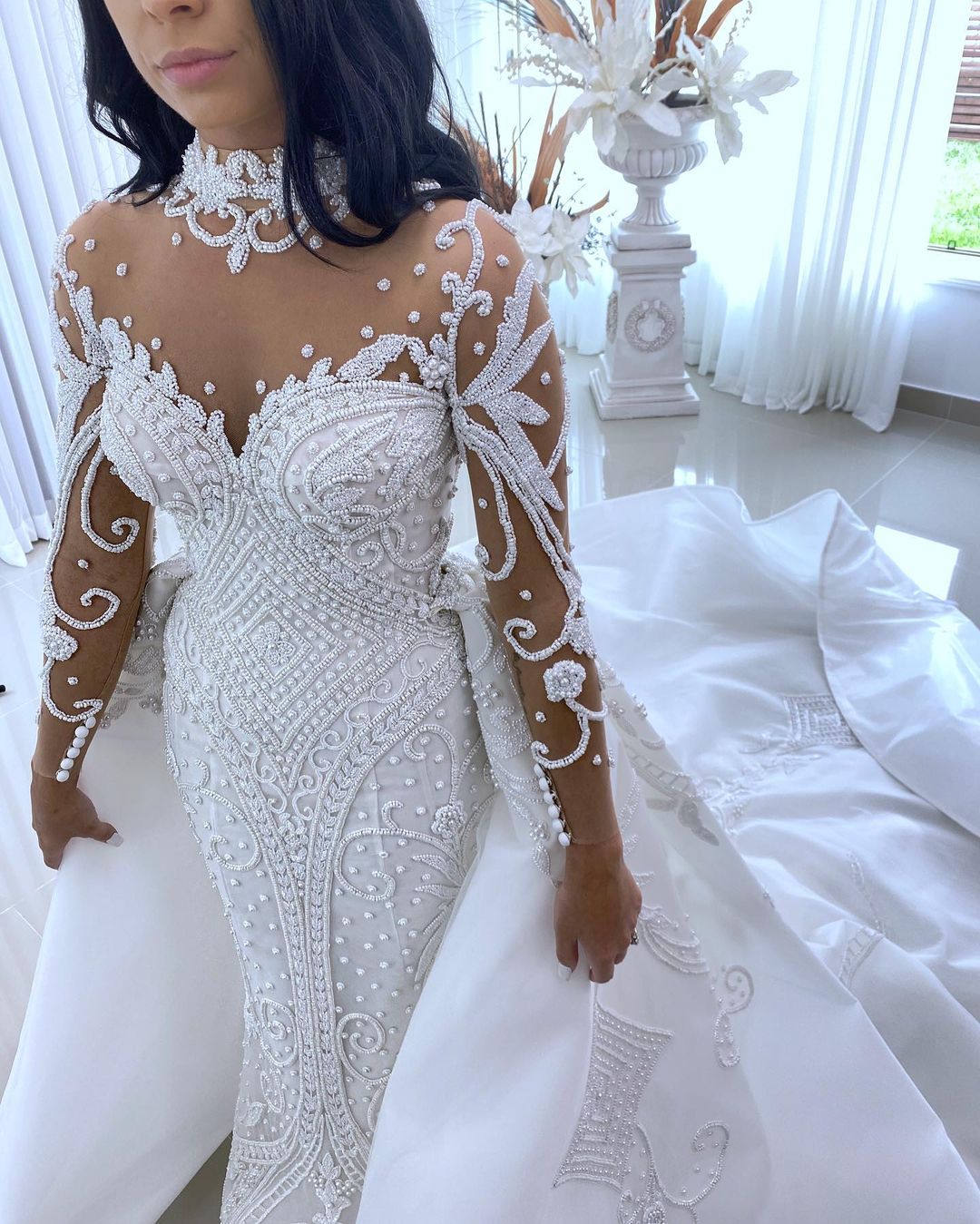 3D Floral Mermaid Wedding Dress 2022 Long Sleeve Sheer High Neck Sexy Backless Boho Dresses Bridal Gowns Robe De Mariage Vestido Novia