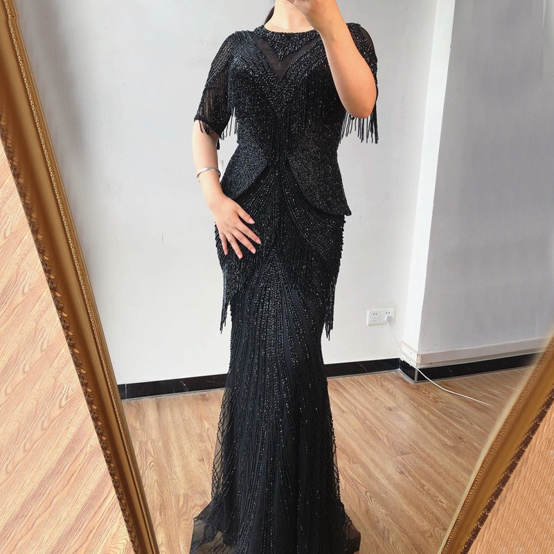 Luxury Dubai Crystal Tassel Silver Evening Dresses sparkly aso ebi Mermaid Arabic dubai peplum Long Gold Prom engagement reception Party Gown Yousef A