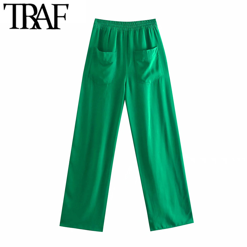 TRAF Women Chic Fashion Side Pockets Loose Wide Leg Pants Vintage High Elastic Waist Drawstring Female Trousers Mujer 220325