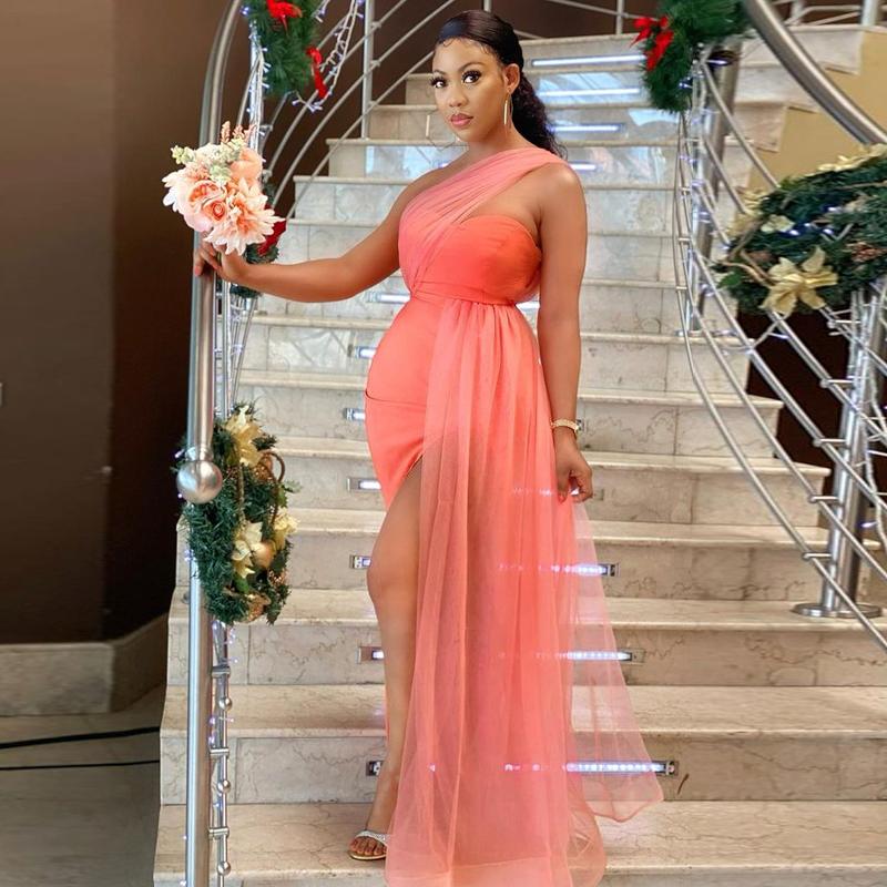 Watermelon Mermaid One Shoulder Bridesmaid Dresses Side Split Overskirt junior Maid of Honor Gown Simple Wedding Guest Dress