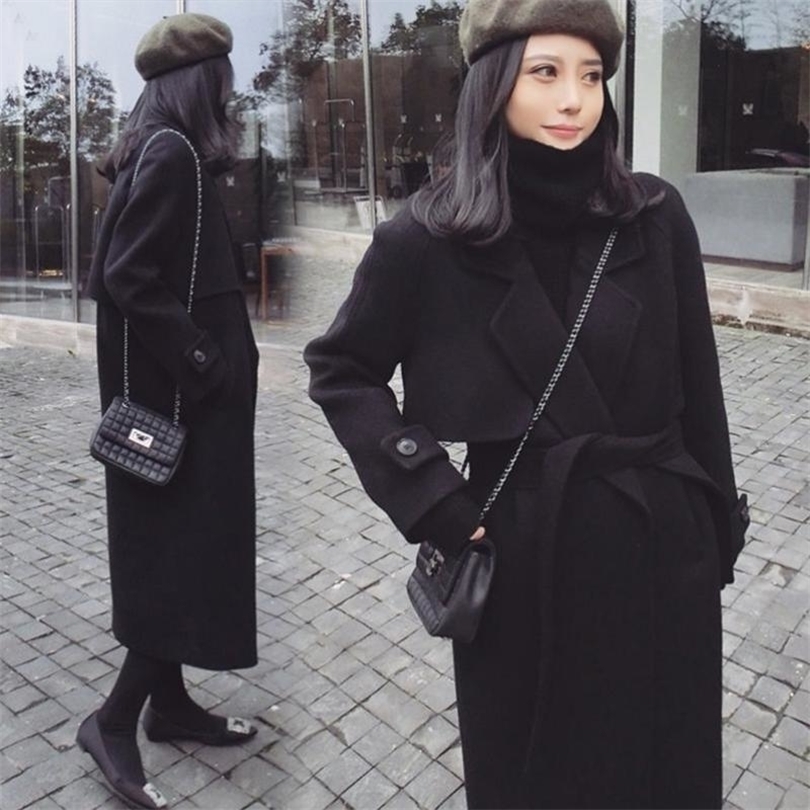 KUEZLE Parkas Spring Woolen Coat Women Long Woolen Coat Female Black Winter Coats Long Outerwear for Women SMLXLXXL T190903