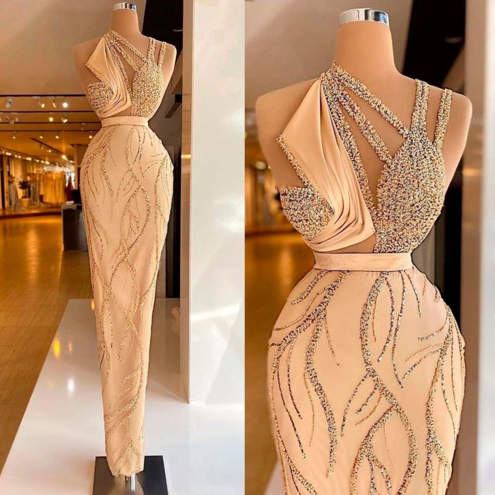 Luxury Mermaid Prom Dresses Sleeveless High Neck Beaded Sequined Evening Dress Real Image Custom Made Plus Size Robe