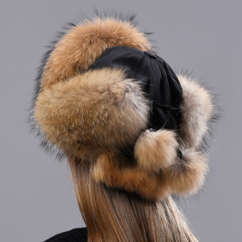 Natural Fur Russian Aviation Hat with Ears Ushanka Women Winter Warm Fluffy Stylish Female Tail Cap Fashion Real Hats 220817