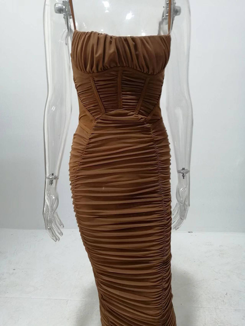 Summer Woman Dress Ruched Maxi Bodycon Mesh Sexy Stretchy Spaghetti Strap es Elegant Long Evening Party es 220629