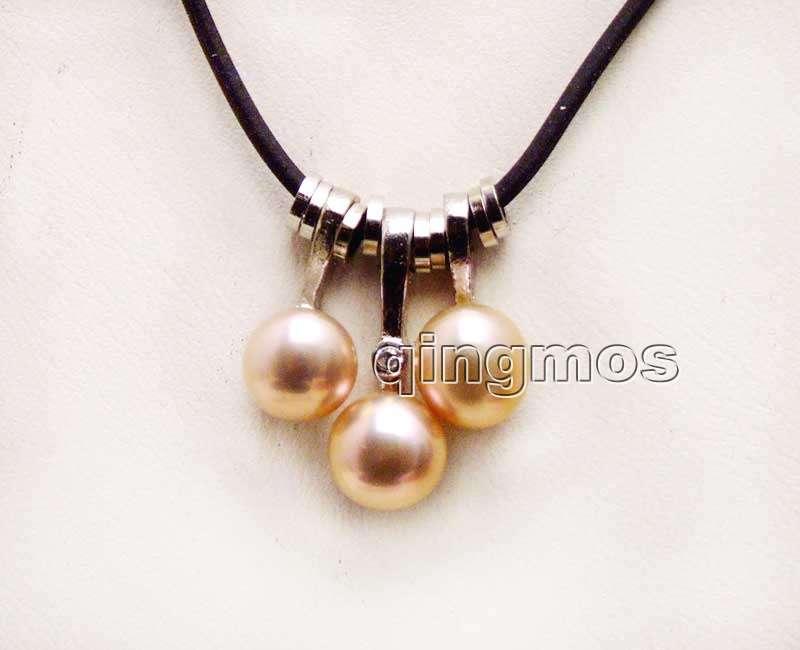 Pendant Necklaces Qingmos One 7-8mm Flat Round Natural Pink Pearl Necklace For Women With 3 Pieces Black Leather 17-19" Chokers
