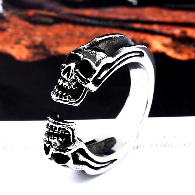 Men Stainless Steel Claw Ring Vintage Open Cool Double Skull Rings Gothic Punk Biker