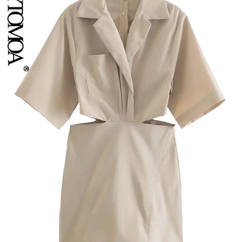 Women Chic Fashion With Pockets Hollow Out Mini Dress Vintage Short Sleeve Back Zipper Female Dresses Vestidos 220526