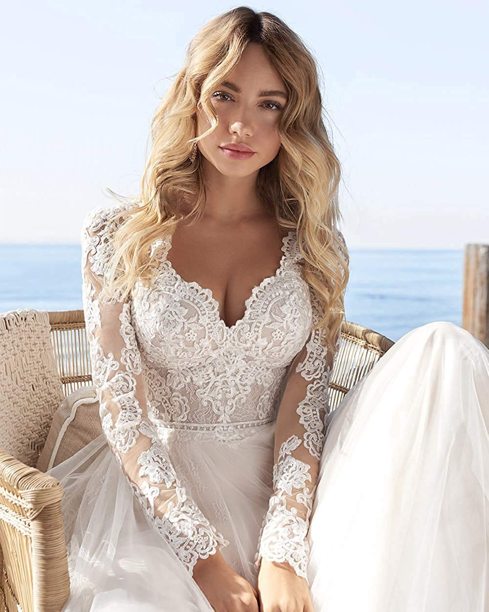 A Line Long Illusion Sleeves Wedding Dresses Lace Bridal Gowns 2022 Tulle Ivory V-neck Backless Vestido De Novia Open Back