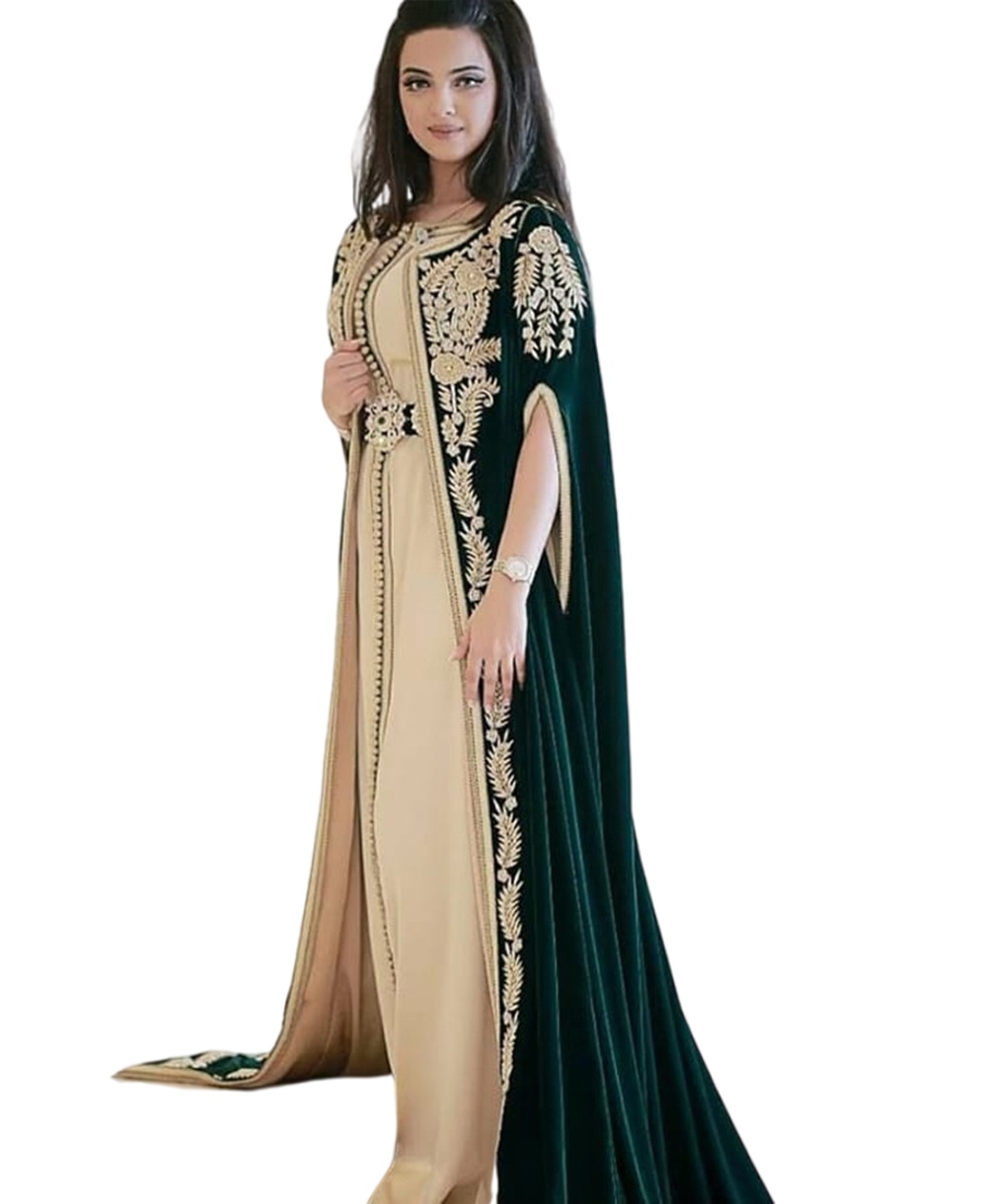 Dark Green Moroccan Caftans Evening Dresses Embroidery Appliques Elegant Long Formal prom Dress Dubai Arabic elbise abiye Party Dress