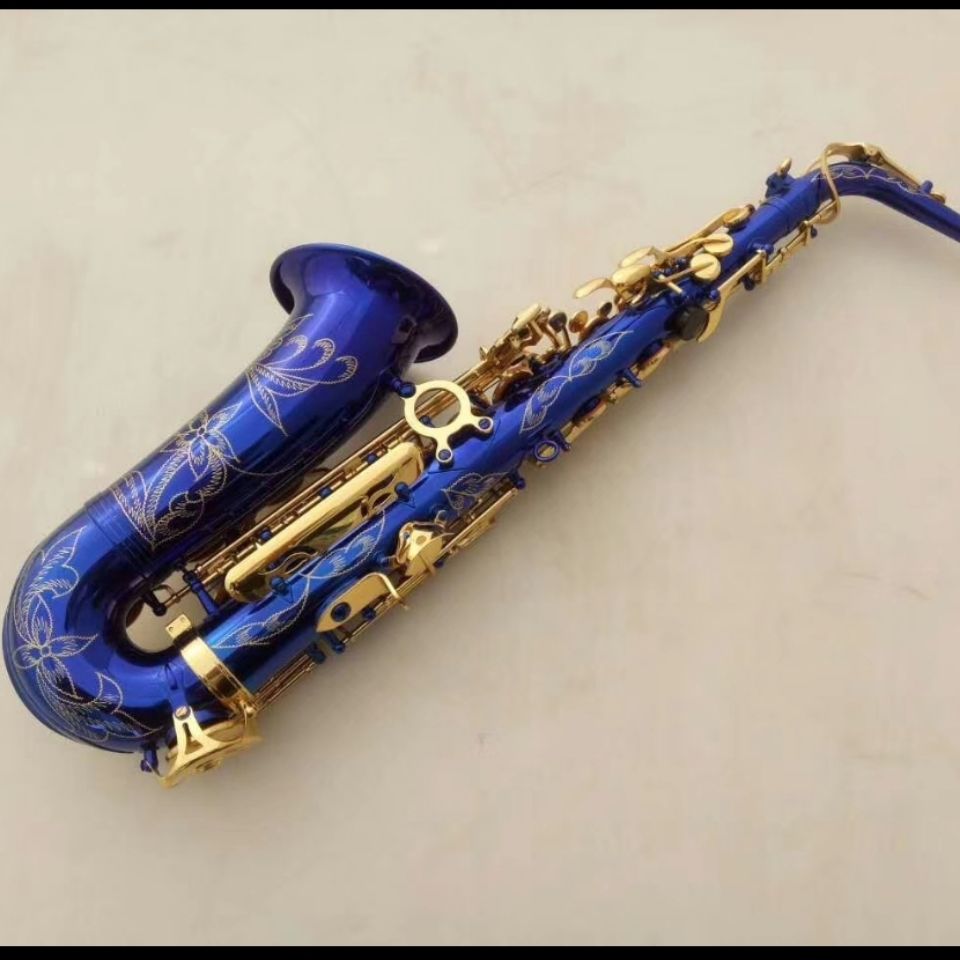 New Eb-tone brass lacquer gold alto saxophone body carved shell keys blue alto saxophone with accessories
New Eb-tone brass lacquer gold alto saxophone body carved shell keys blue alto saxophone with accessories