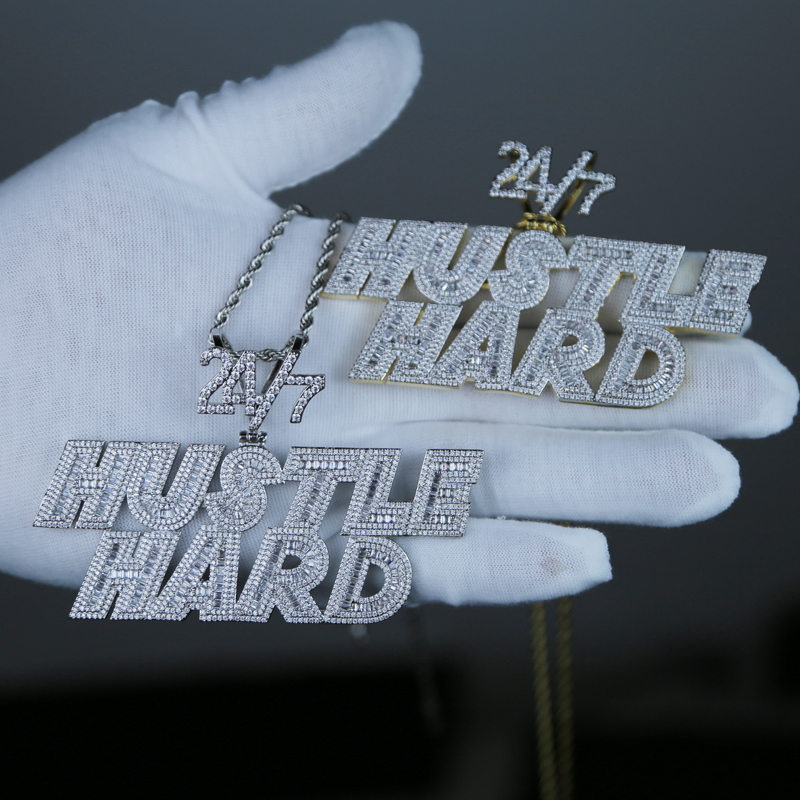 New Iced Out 5A Cubic Zirconia Cz Hustle Hard Letter pendent Necklace with Rope Chain men fashion Hiphop Rock Jewelry