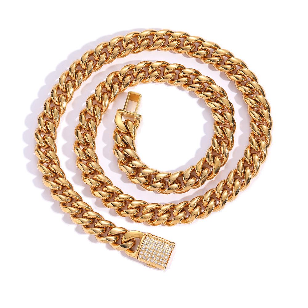 Cuban Link Chain Necklace Bracelet Set Heavy 18K Gold Plated Stainless Steel Metal Diamond Chain Choker Jewelry for Boys Girls