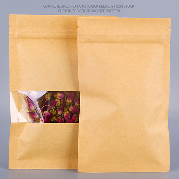 100pcs Flat Bottom Kraft Paper Clear Window Zip Lock Packaging Bag Resealable Biscuits Coffee Powder Snack Candy Cereals Heat Sealing Gift Storage Pou