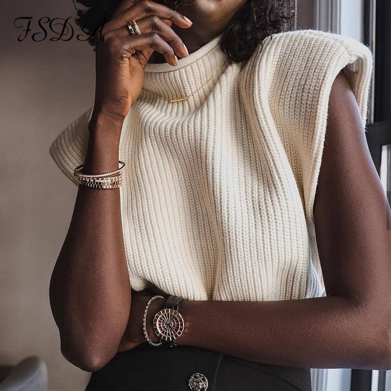 FSDA Turtleneck Sleeveless Vest Sweater Women With Shoulder Pads Knitted Pullover Autumn Winter Jumper Casual Tops Fashion 220629