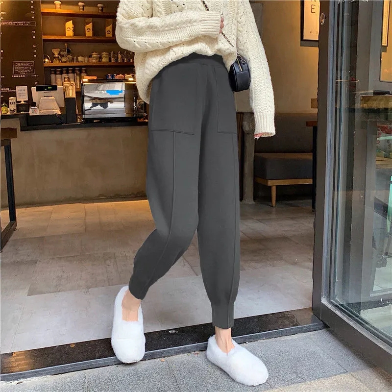 Women Autumn Winter Knitted Harem Pants Female Loose Solid Color Trousers Ladies High Waist Warm Granny Casual 220325