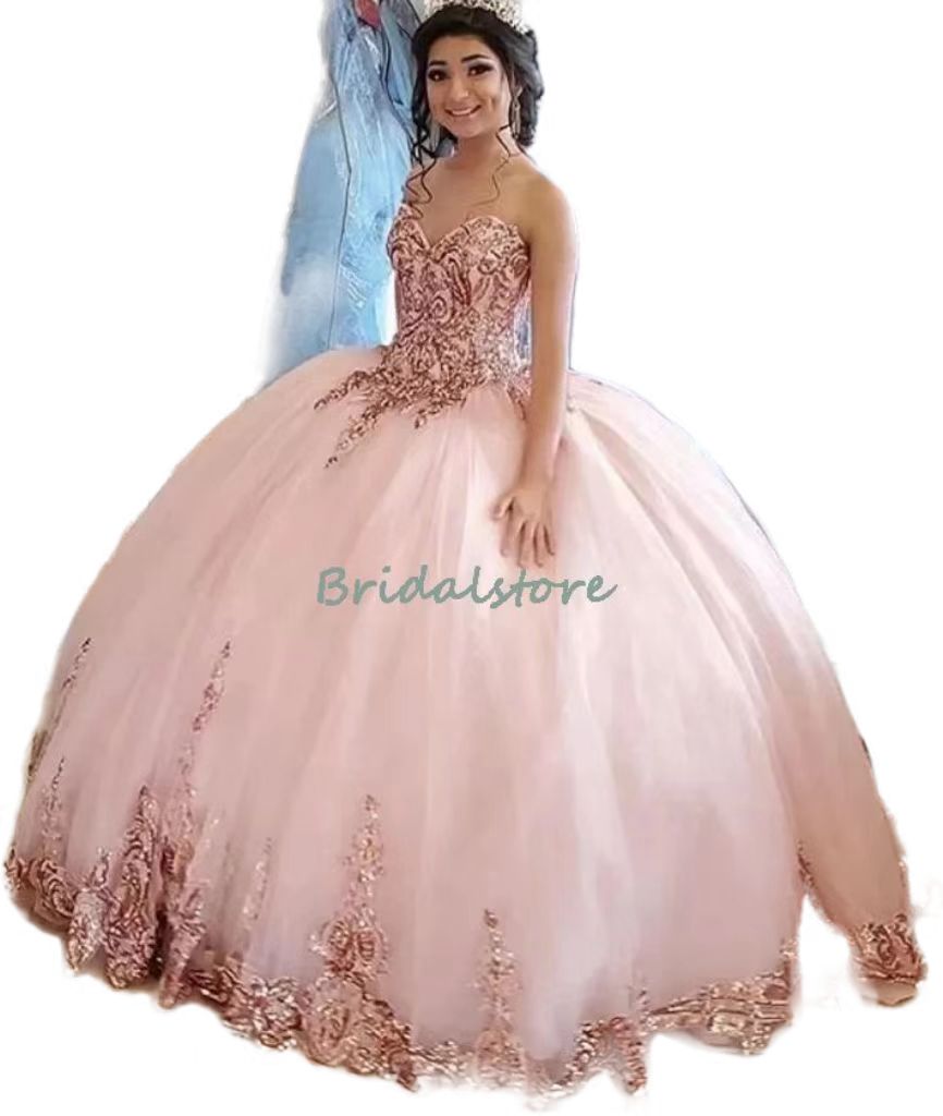 Beautiful Pink Quinceanera Dresses 2022 Sequined Sweetheart Ball Gown Sweet 15 Dress Floor Length Tulle Prom Gown Vestido De 15 Anos Princess Birthday