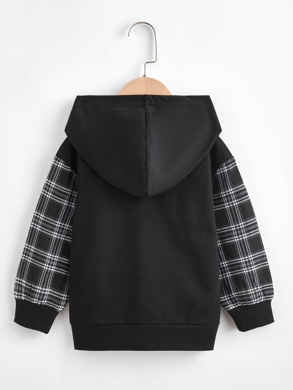 Toddler Boys 2pcs Bear And Plaid Print Drop Shoulder Hoodie SHE