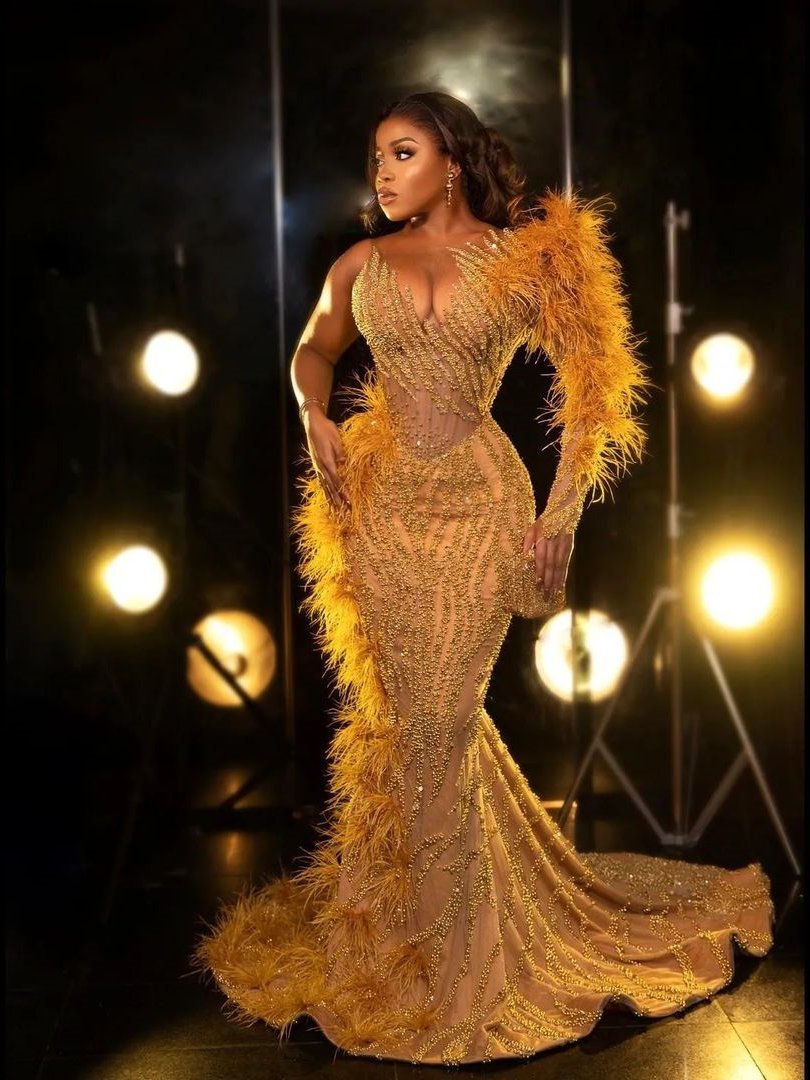 Yellow Mermaid Prom Dresses Princess Lace Appliques Sequins One Long Sleeve Puff Tulle Lace Feather One Shoulder Floor Length Party Gowns Plus Size Cu