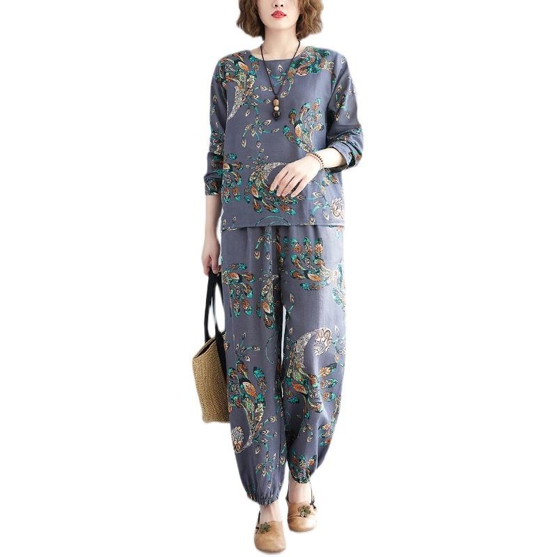 Women's Two Piece Pants #0132 Printed Sets Cotton Linen Long Sleeve Round Neck Tshirt And Elastic Waist Harem Vintage Suit Spring Summer, Dark gray
Women's Two Piece Pants #0132 Printed Sets Cotton Linen Long Sleeve Round Neck Tshirt And Elastic Waist Harem Vintage Suit Spring Summer, Dark gray