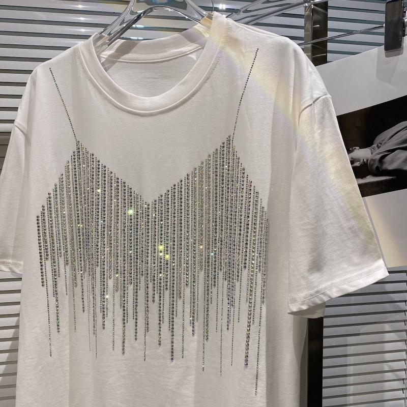 New design womens fashion cool o-neck short sleeve loose rhinestone shinny bling long t-shirt tops