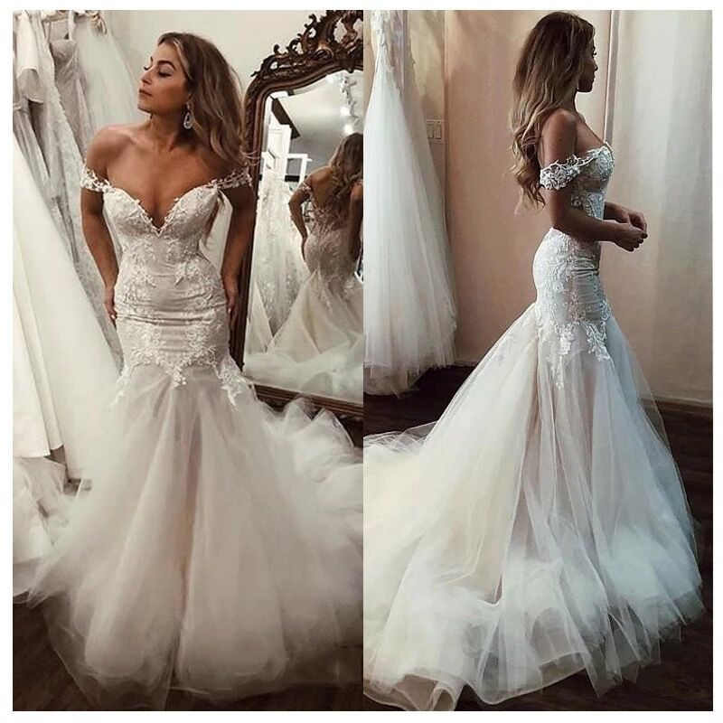 Glitter Mermaid Wedding Dress Sleeveless Deep V Neck Off Shoulder Appliques Sequins Lace Illusion Beidal Gowns Custom Made Ruffles Bridal Floor Length