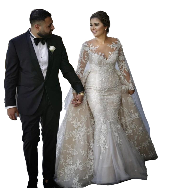 Vintage Beige Mermaid Lace Wedding Dress With Detachable Train Overskirt Applique Beads Long Sleeve Bridal Gowns Illusion Neck Bride Wedding Dresses R