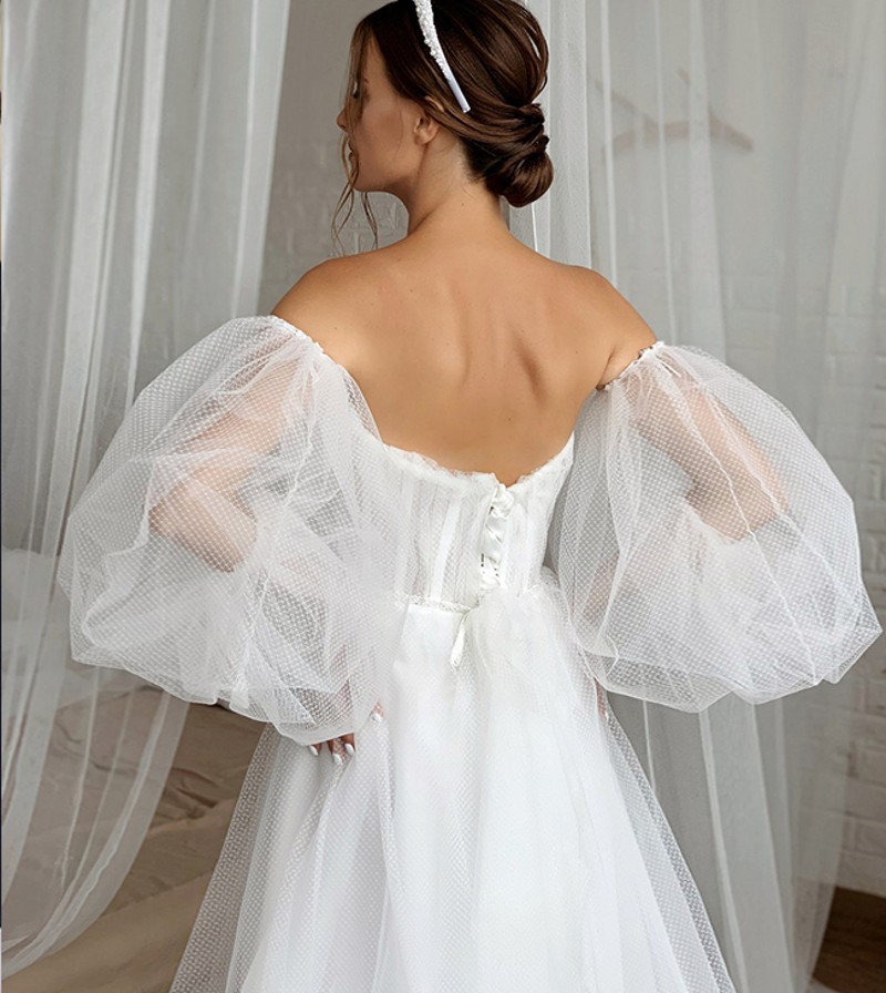 Vestido De Novia New Bride Gowns Detachable Puff Sleeves Wedding Dress Beading Off the Shoulder Tulle Boho Split 2022