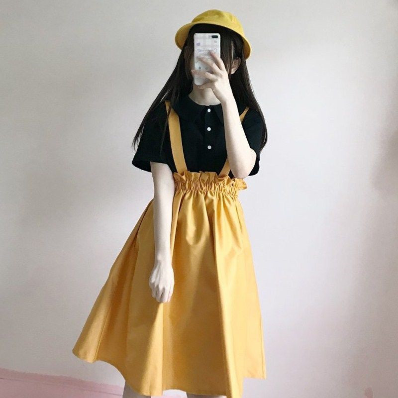 Spring Autumn Women Skirt Casual Sweet A-line Long s Solid Simplicity Strap Female Japan Style 220317