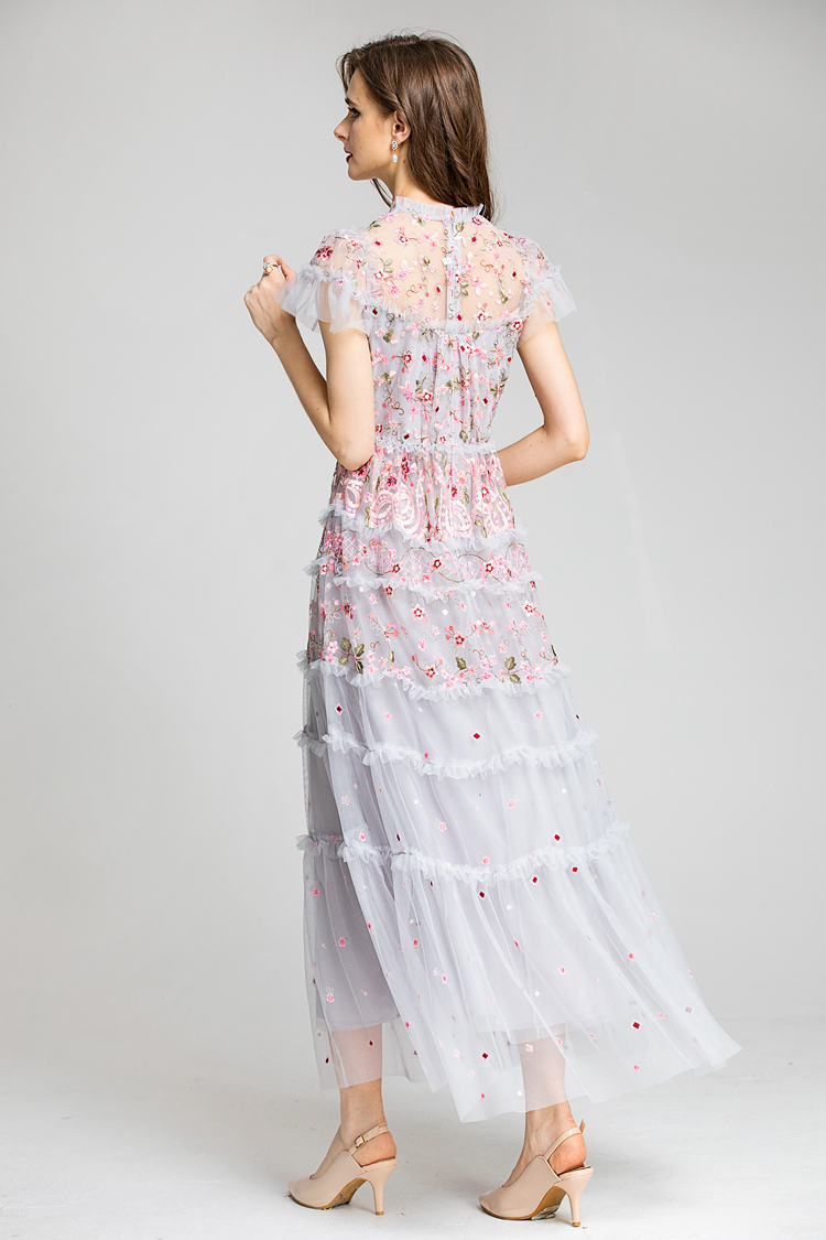 Women's Runway Dresses O Neck Short Sleeves Embroidery Ruffles Layered Printed Elegant Party Evening Prom Gown